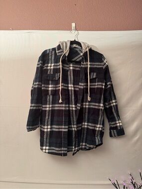 Forever 21 Navy and Blue/Green Plaid Hooded Shirt
